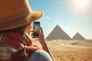 a tourist traveling in Egypt, using a smartphone