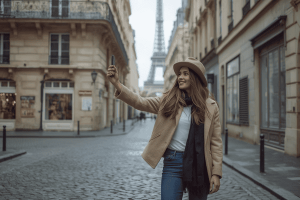 a tourist traveling in France using a smartphone