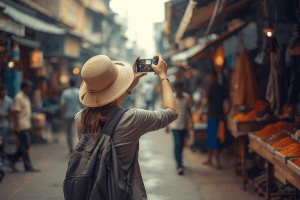 a tourist traveling in India using a smartphone
