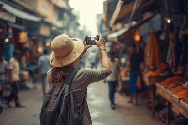 a tourist traveling in India using a smartphone