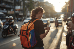 a tourist traveling in Indonesia, using a smartphone