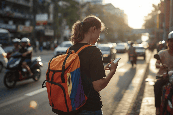 a tourist traveling in Indonesia, using a smartphone