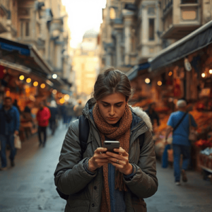 a tourist traveling in Instanbul using a mobile phone