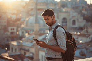 a tourist traveling in Instanbul using a mobile phone