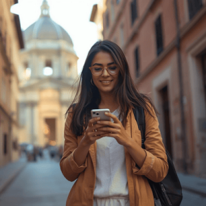 a tourist traveling in Italy using a mobile phone