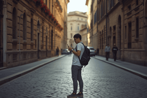 a tourist traveling in Italy using a mobile phone