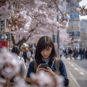 a tourist traveling in Japan using a mobile phone