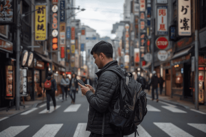 a tourist traveling in Japan using a mobile phone