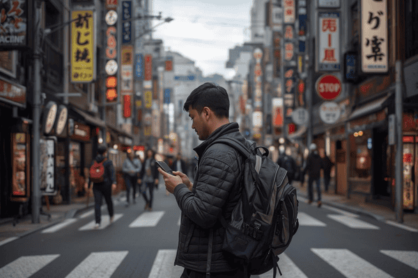 a tourist traveling in Japan using a mobile phone