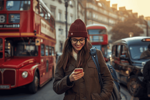 a tourist traveling in London using a mobile phone