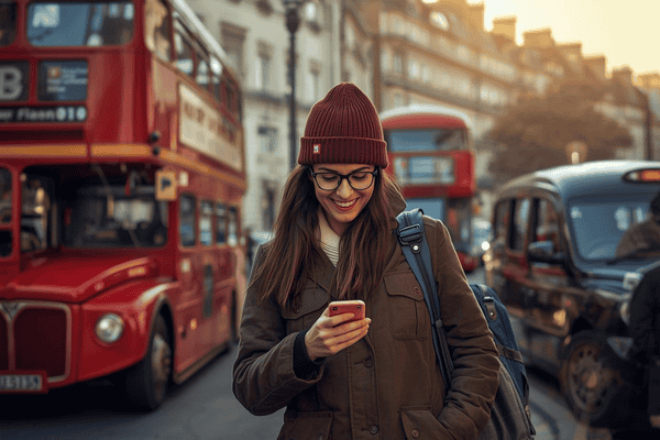 a tourist traveling in London using a mobile phone