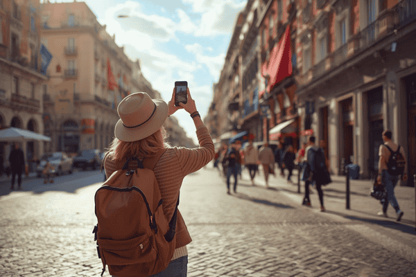 a tourist traveling in Madrid, using a smartphone