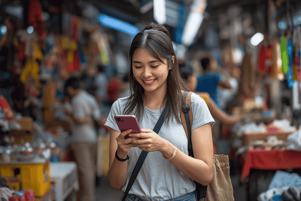 a tourist traveling in Malaysia using a mobile phone