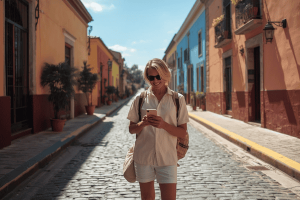 a tourist traveling in Mexico, using a smartphone