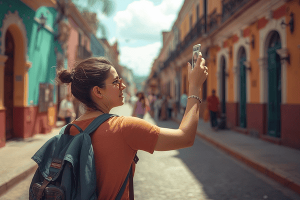 a tourist traveling in Mexico using a smartphone