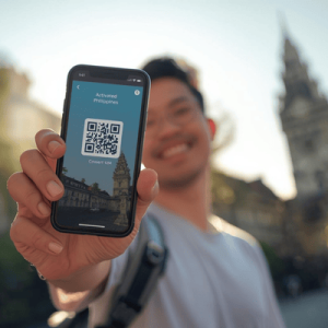 a tourist in Philippines using a smartphone with eSIM activated QR