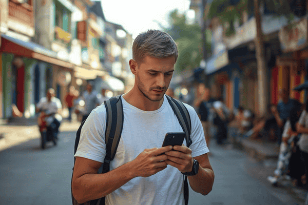 a tourist traveling in Philippines, using a smartphone