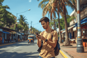 a tourist traveling in Phuket, using a smartphone