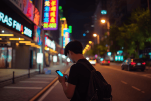 a tourist traveling in Singapore using a smartphone