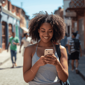 a tourist traveling in South Africa, using a smartphone