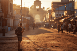 a tourist traveling in South Africa, using a smartphone
