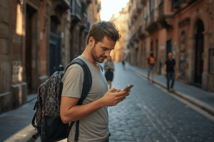 a tourist traveling in Spain using a smartphone