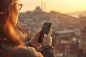 a tourist traveling in Turkey using a smartphone