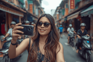 a tourist traveling in Vietnam, using a smartphone