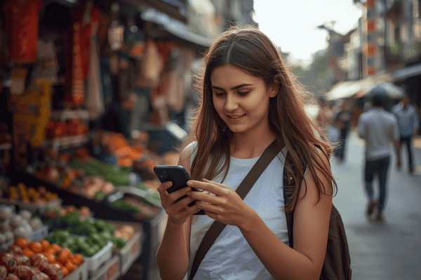 a tourist traveling in Vietnam using a smartphone