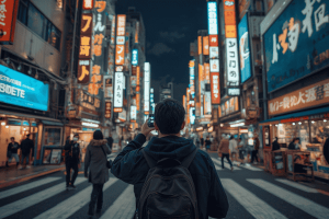 a tourist traveling to Japan holding a smartphone