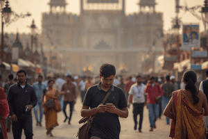 a tourist using a mobile phone while strolling in some famous place in India