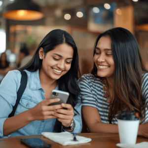 a tourist using a smartphone with a friend on a restaurant
