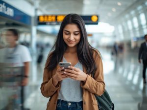 a tourist using smartphone preparing to travel