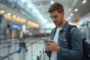 a tourist waiting for flight traveling abroad using a smartphone