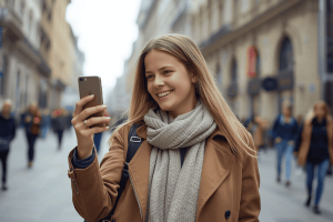a tourist walking in the city holding a mobile phone