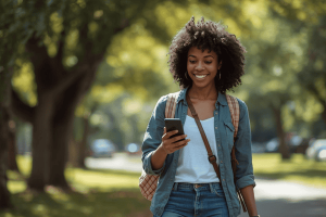 a tourist walking in the park holding a mobile phone