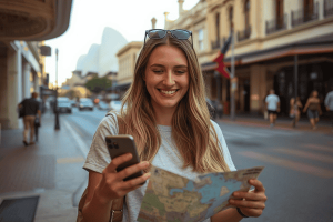 a tourist with a mobile phone traveling to Australia