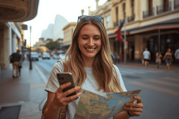 a tourist with a mobile phone traveling to Australia