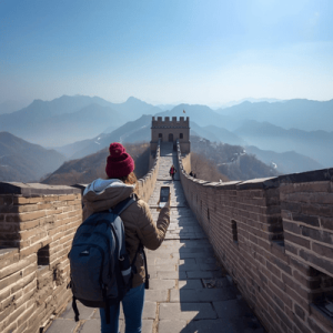 a traveler holding a mobile phone on Great Wall of China