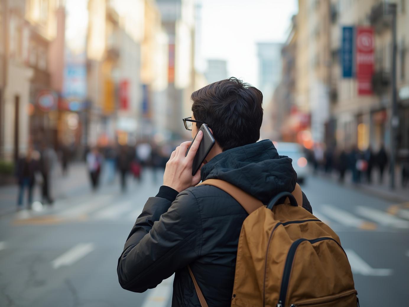 a traveler holding a smartphone and calling