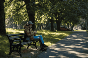a traveler holding a smartphone sitting in a park