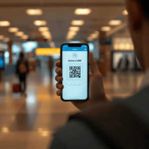 a traveler holding a smartphone with eSIM QR activated