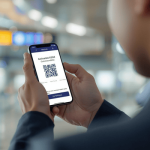 a traveler holding a smartphone with eSIM QR activated