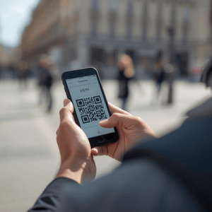 a traveler holding a smartphone with eSIM QR activated