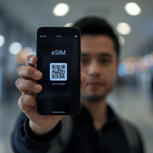 a traveler holding a smartphone with eSIM QR activated