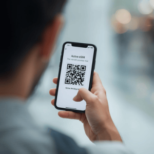 a traveler holding a smartphone with eSIM QR activated