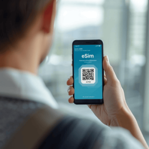 a traveler holding a smartphone with eSIM QR activated