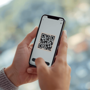 a traveler holding a smartphone with eSIM QR activated