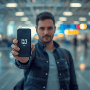 a traveler holding a smartphone with eSIM QR activated