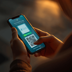a traveler holding a smartphone with eSIM QR activated